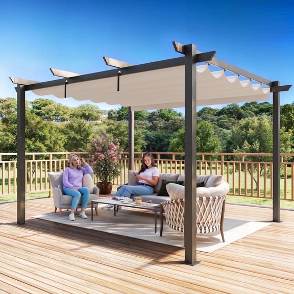 Erinnyees Retractable Pergola 10' x 12', Outdoor Metal Pergola with Adjustable Sun Shade Canpoy, Pergolas for Patios, Beige