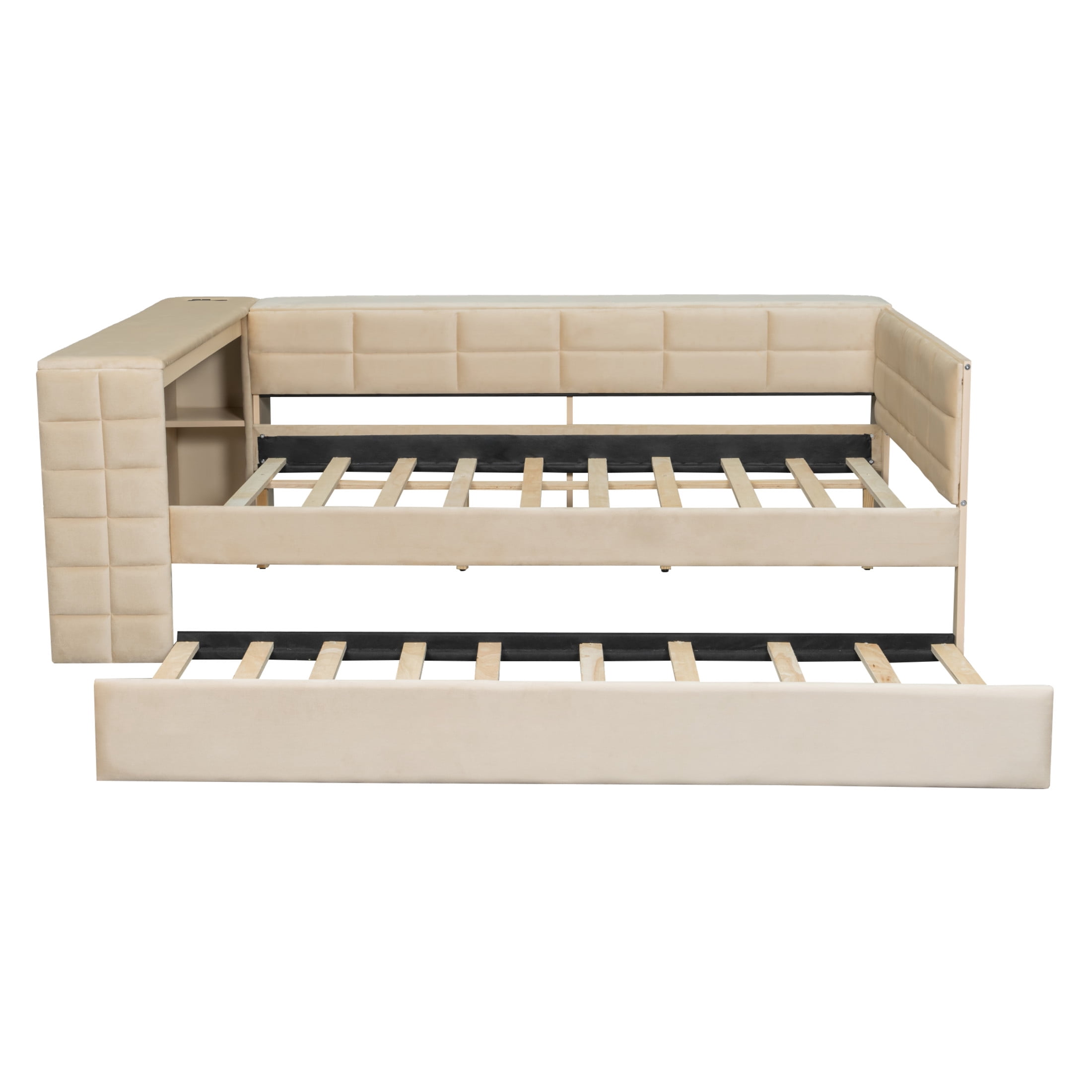 Noble House Sonoma Full Velvet Upholstered Bed with Trundle, Side Desk, Charging Station and Storage Shelves, Beige