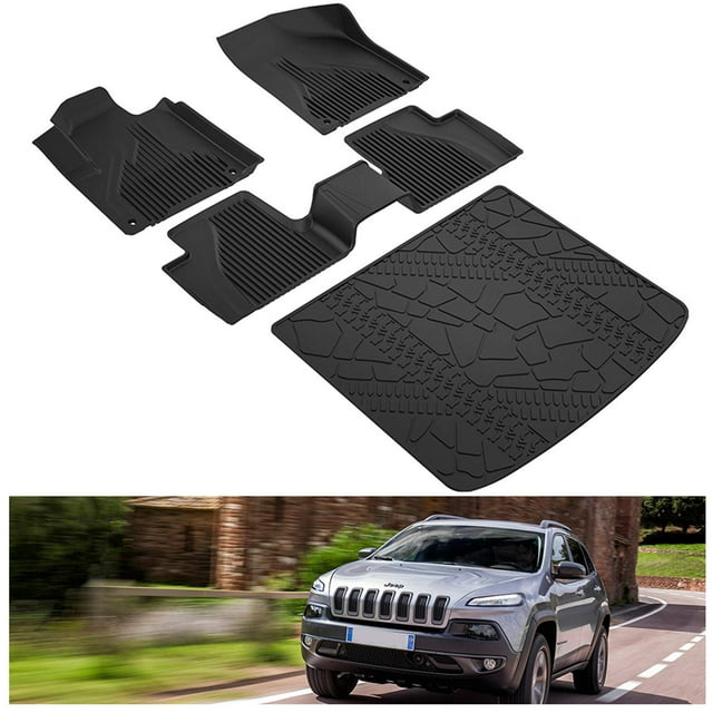 KIWI MASTER Floor Mats & Cargo Liners Set Compatible for 2014-2022 Jeep Cherokee Accessories Slush Liners Black All Weather Protector (Not Grand Cherokee)