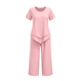 thumbnail image 4 of Hurxie Capri Sets Women 2 Piece Outfits Summer Top and Wide Leg Striped Pants with Pockets for Vacation Travel Clothes Pink,S, 4 of 6