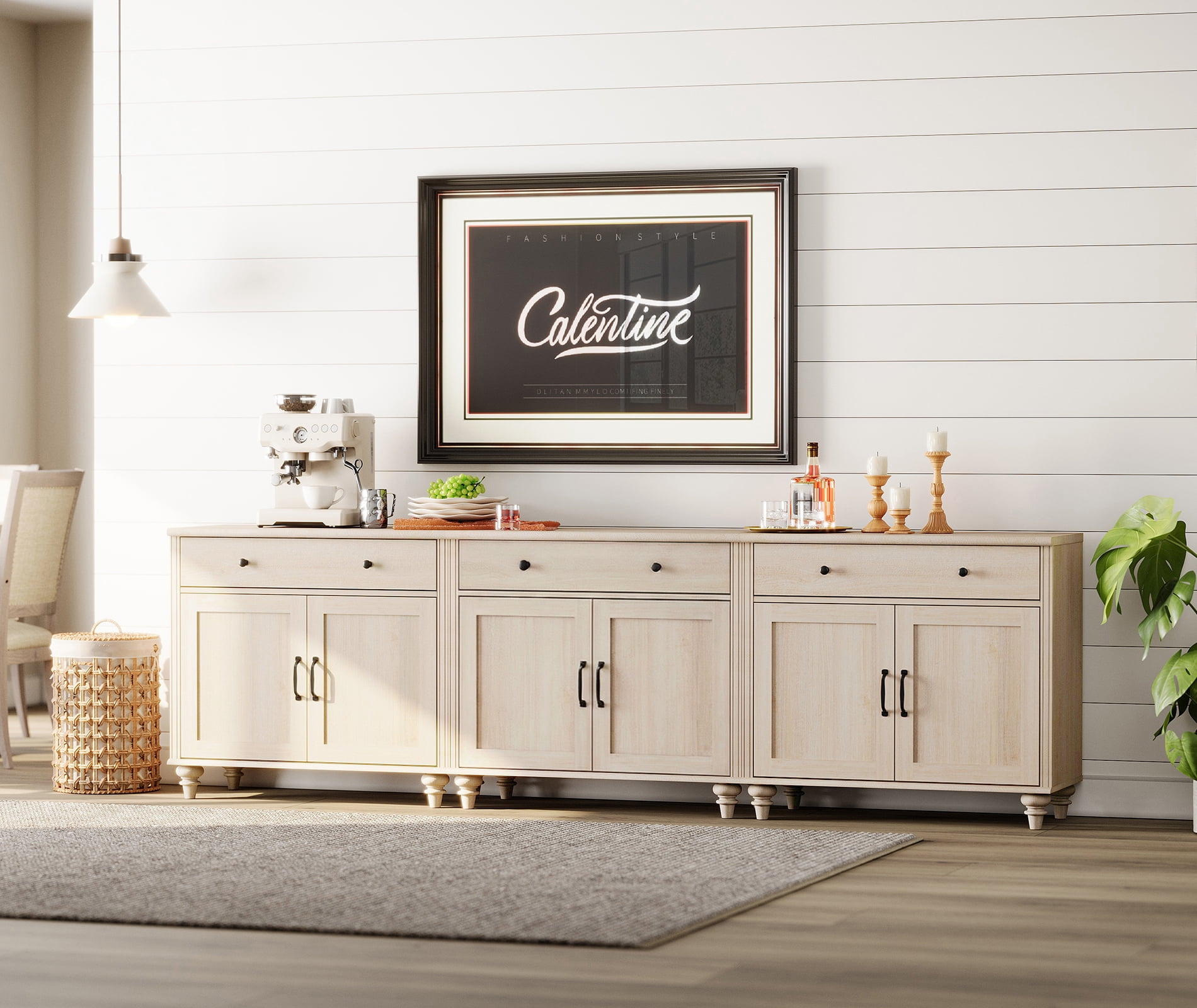 Buffet Cabinet with 6 Doors and 3 Drawers, Large Coffee Bar Table Wood Kitchen Storage Cabinets with Storage Cabinets, Modern Farmhouse Sideboard Credenza for Dining Room, Beige, 102 inch