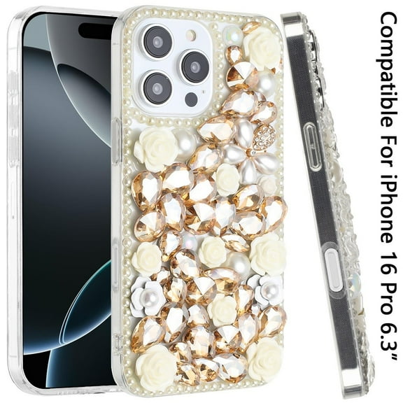 For Apple iPhone 16 Pro (6.3") Fashion Rose Flower Floral Bling Crystal 3D Full Diamonds Pearl Sparkle Rhinestone Glitter Hybrid Cover, XPM Phone Case [Yellow]