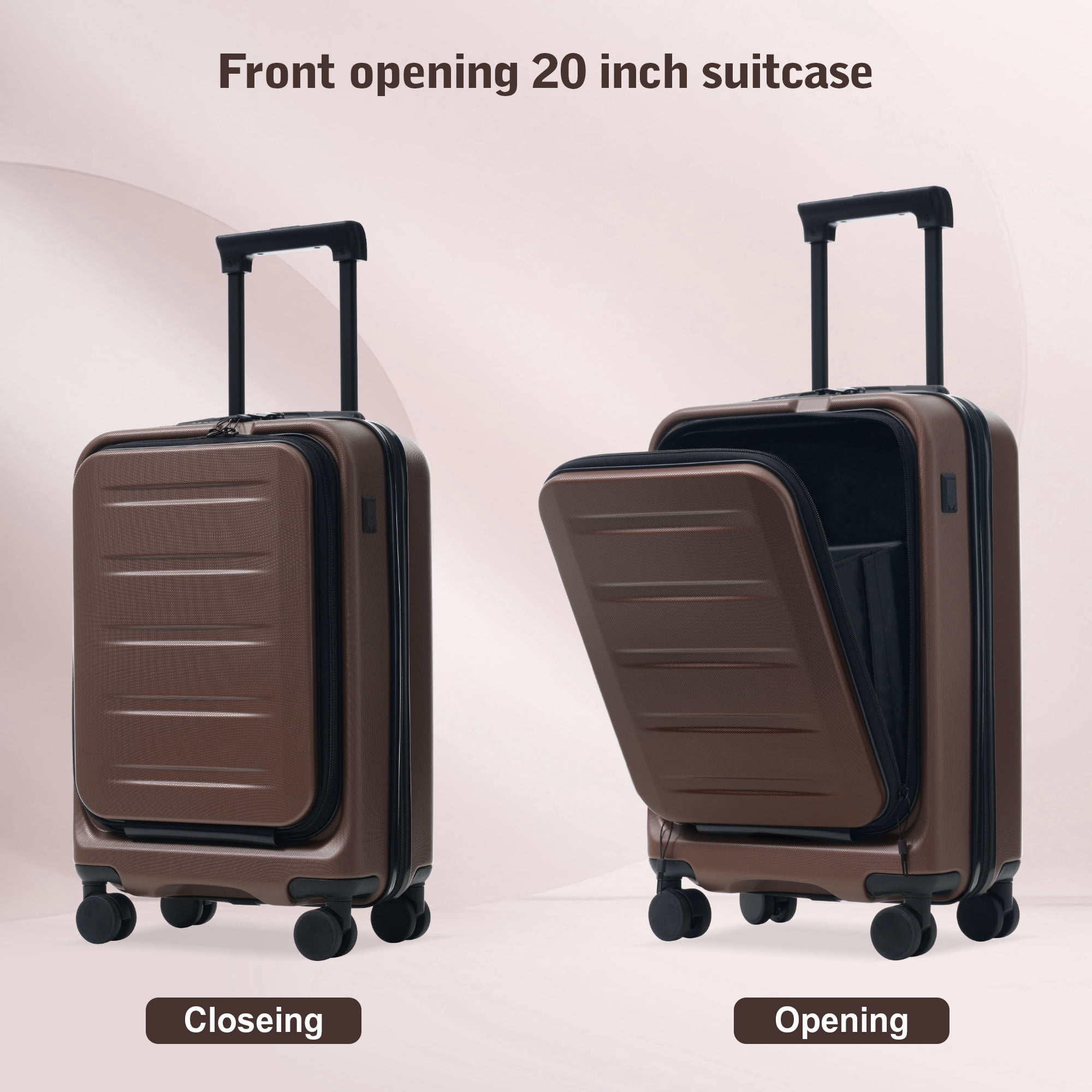 Euroco 5 Piece Front Opening Luggage Sets, Hardside Expandable Carry On Suitcase Set with USB Port,TSA Locks, Spinner Wheels and 2 Bags,Lightweight Travel Luggage for Men Women(20"/24"/28"),Brown