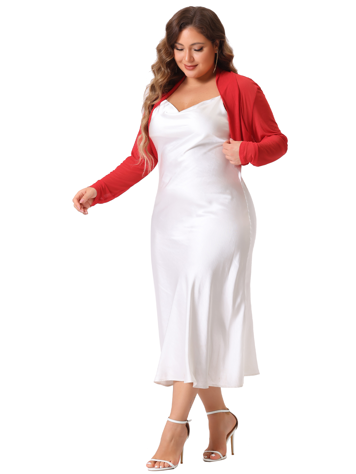 DARING DIVA Women's Plus Size Mesh Crop Long Sleeve Sheer Bolero Shrug Top 3X Red