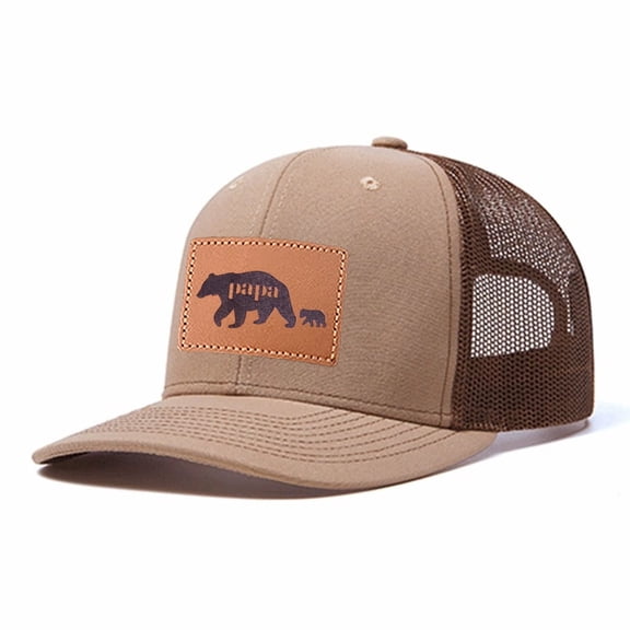 Papa Bear Leather Patch Embroidered Color Block Trucker Hat Unisex Adjustable Cotton Breathable Fashion Cap for Travel Daily Wear