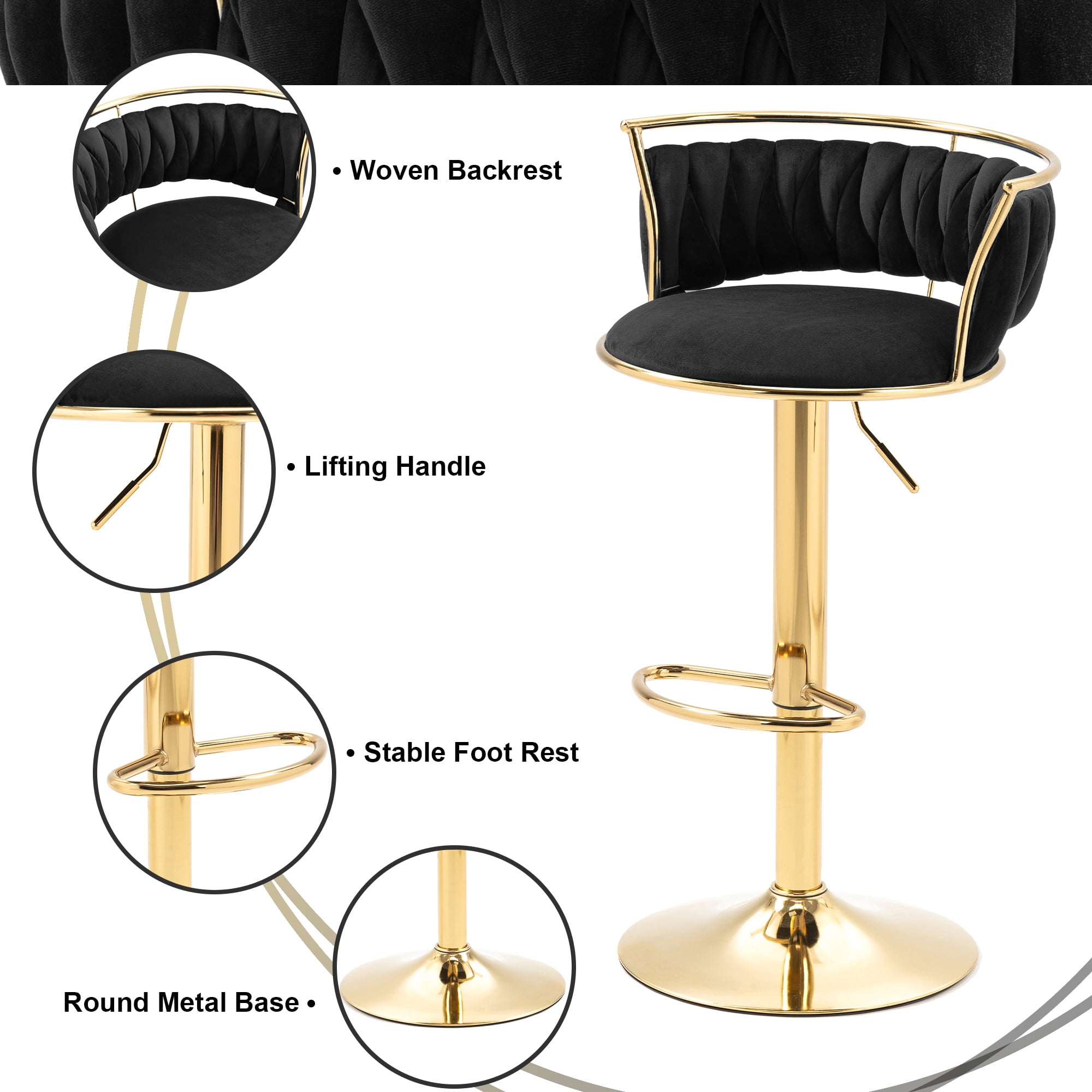 UIXE 360° Swivel Bar Stools Velvet Upholstered Adjustable Bar Chairs Set of 4 with Back & Footrest for Home and Kitchen, Black