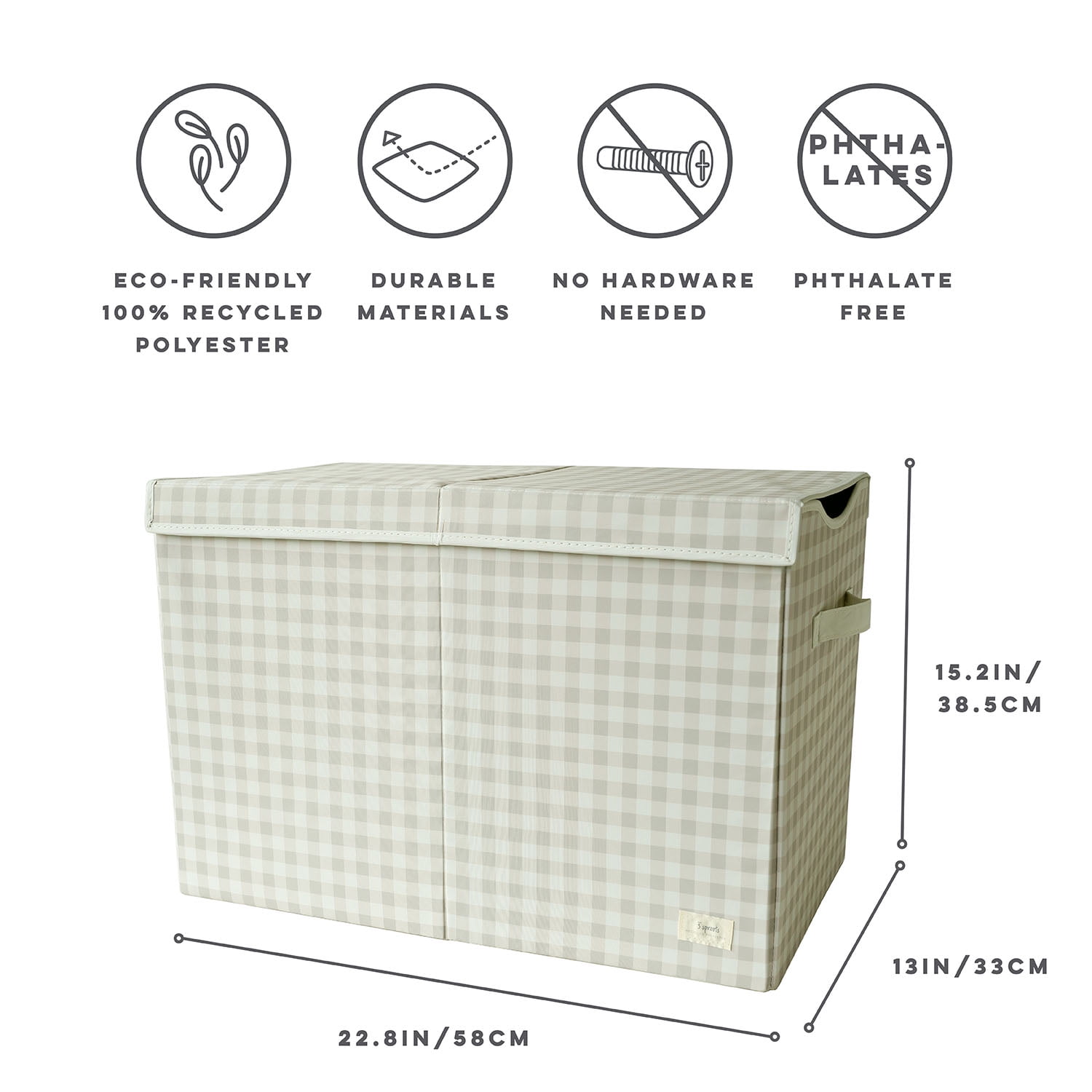 3 Sprouts Recycled Fabric Folding Chest Organizer in Gingham Beige - Collapsible Storage Basket Container with Lid & Handles