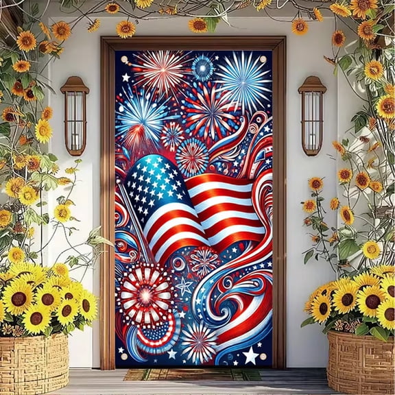 4th of July Door Cover Decoration,250 Anniversary Patriotic Door Cover,Red Blue and White American Flag Bow Door Banner,Veterans Day Memorial Day Decor,Independence Day Party Supplies(2D, 35x70 inch)