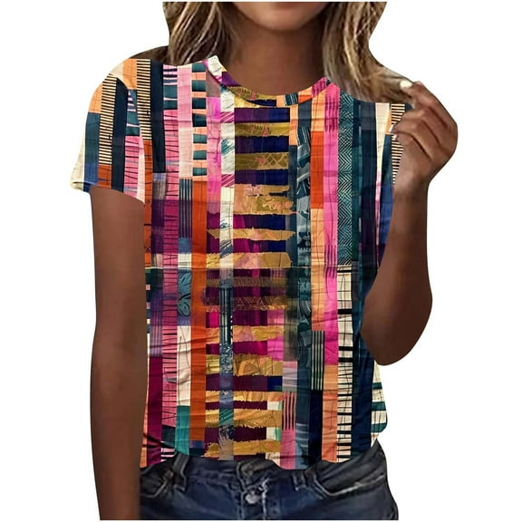 Otvok Womens Short Sleeve Tops Casual Printed T-Shirt Ladies Summer Pullover Plus Size Blouses