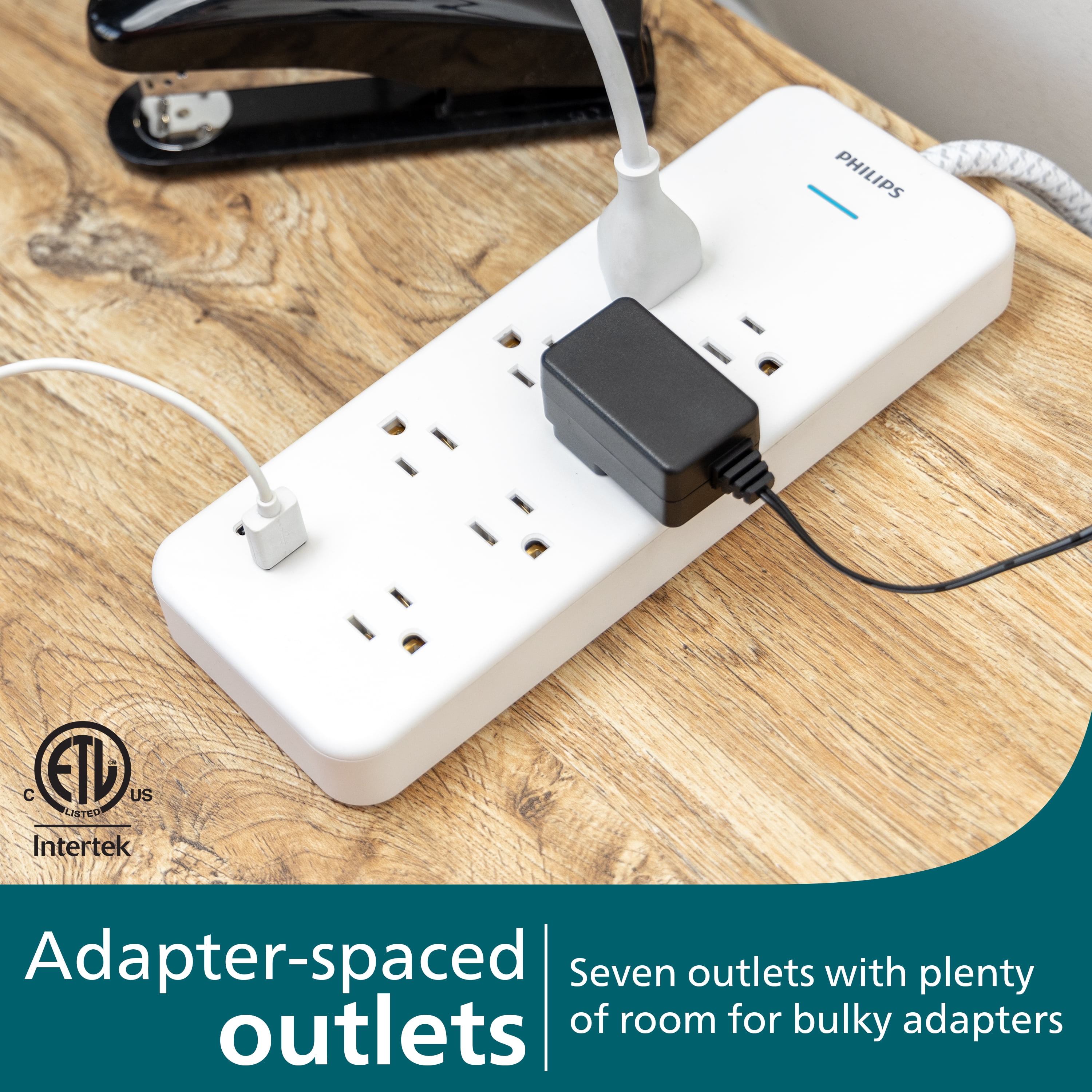 Philips 6-ft 7-Outlet Surge Protector, 1 USB-a, 1 USB-C, 15W, 1500J, Braided Cord, White