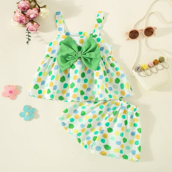 Summer Toddler Girls Sleeveless Bowknot Dot Prints Tops Shorts Two Piece Outfits Set For Kids Clothes