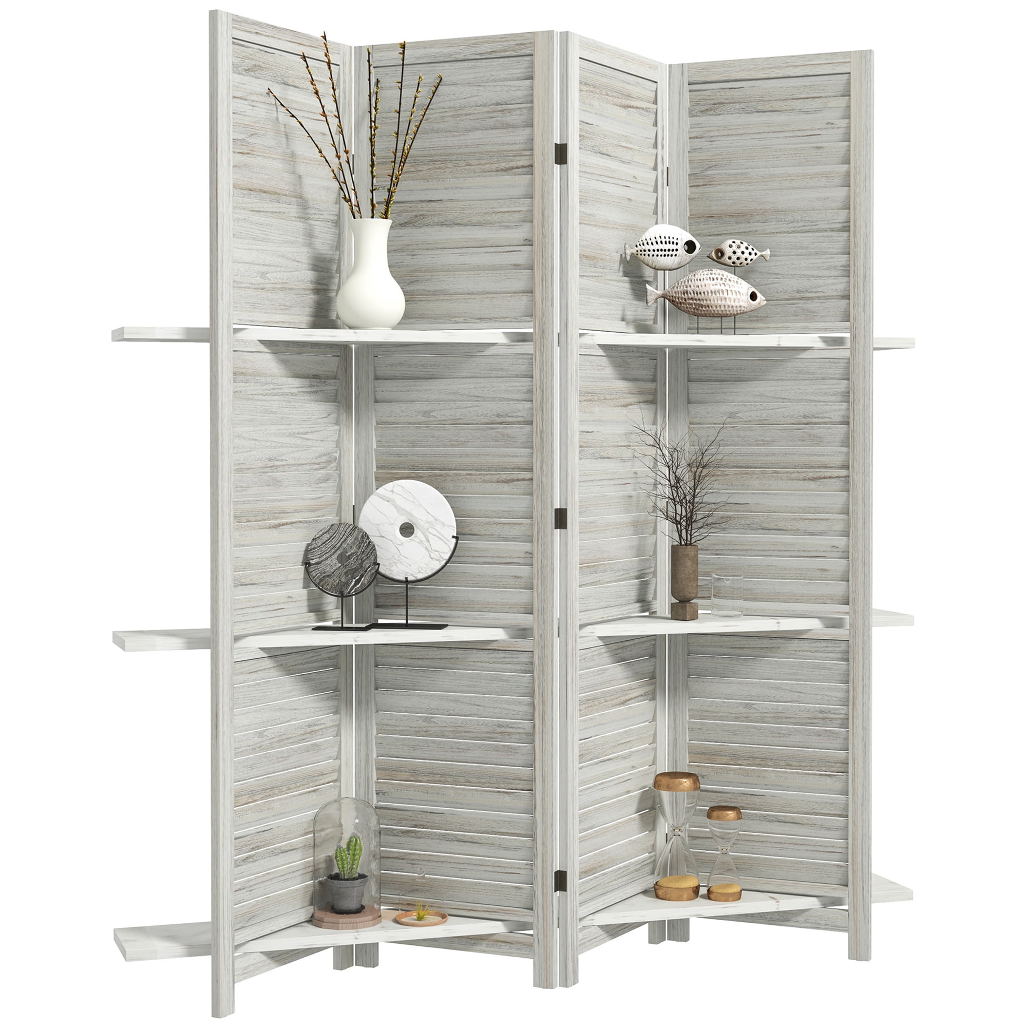 HOMCOM 4 Panel 67" Tall Wood Privacy Screen Room Divider with 3 Display Shelves, and Folding Storage for Bedroom or Home Office, Distressed White
