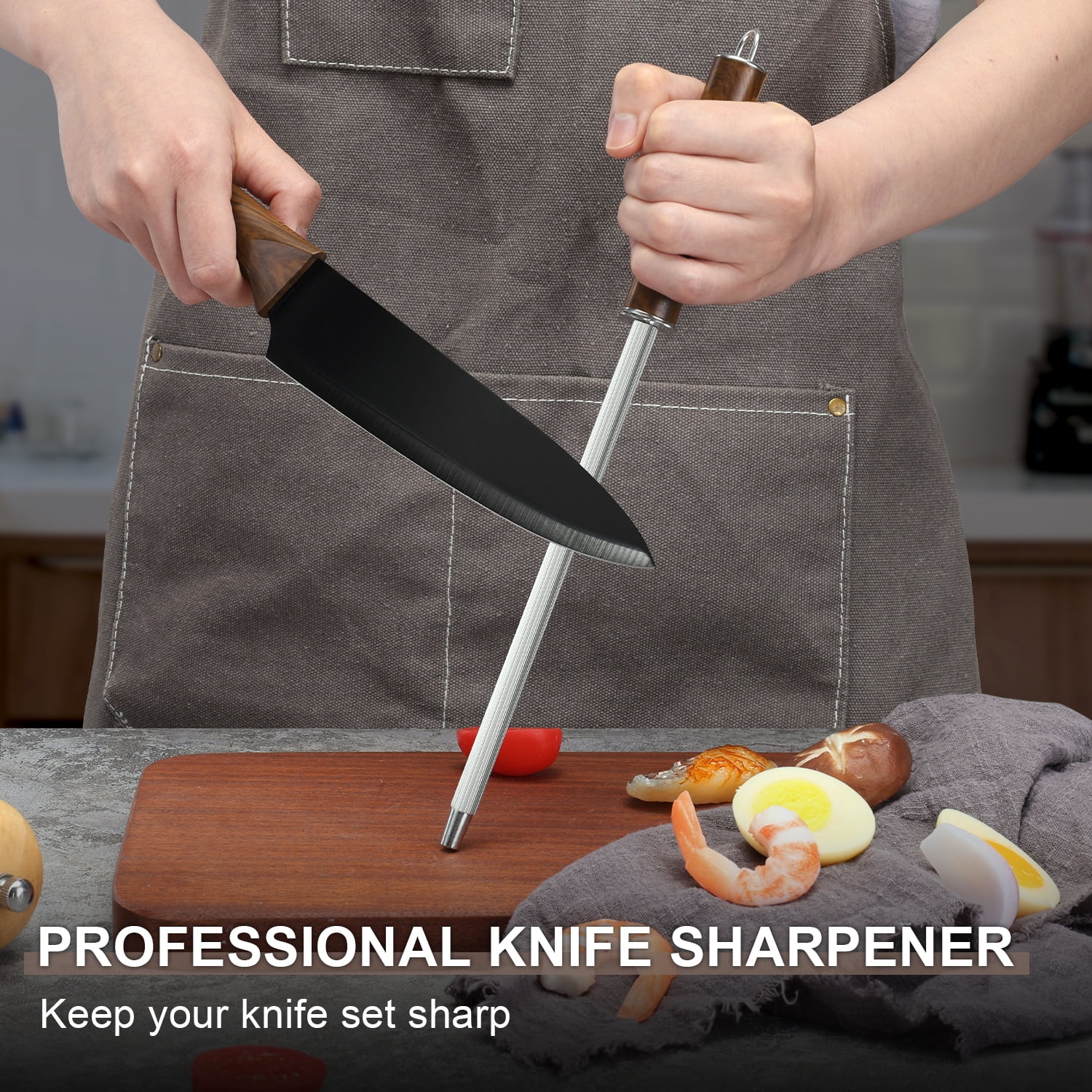 Walchoice 15 Pieces Knife Set with Block, High Carbon Stainless Steel Kitchen Knife Set with Sharpener, Rust Resistant & Dishwasher Safe - Walnut Brown