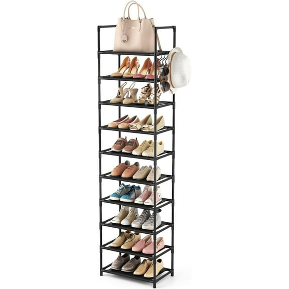 10 Tiers Tall Shoe Rack 20-25 Pairs Boots Organizer Stora Sturdy Narrow Shoe Shelf for Entryway, Closets with Hooks,