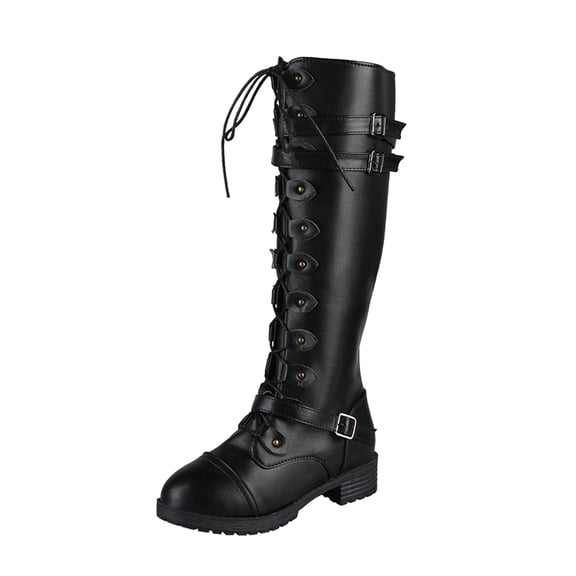 hopeusnice Womens Faux Leather Knee Boots Strappy Lace-up Gothic Vintage Punk Buckle Military Stacked Heel Boot Shoes Knee-High Boots Black 35