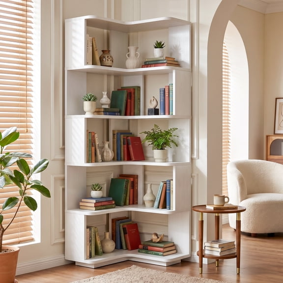 Corner Bookshelf, 5 Tiers Corner Shelf, L-Shaped Storage Shelves with Anti-Tip Anchor, Space-Saving Open Bookcase, 64" Tall Display Shelves for Bedroom, Living Room, Home Office, 66Lb, White