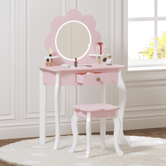 STAROUS Kids Dress up Storage with Mirror, Costume Wardrobe for Kids, Open Hanging Armoire Closet,Pretend Storage Closet, Costume Storage Dresser (Pink)