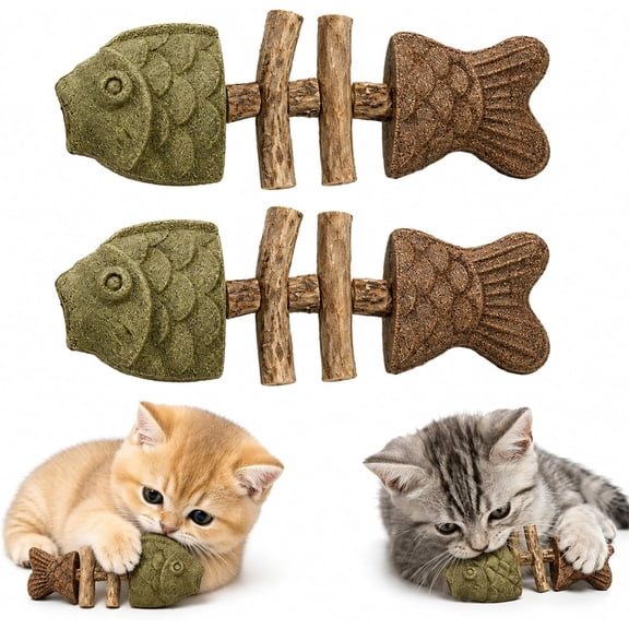 2 Pack Fishbone Cat Chew Toys, Natural Silvervine Catnip Dental Chew Sticks for Kitten Adult Cats, Plant-Based Interactive Teething Toy for Gum Massage Boredom Relief