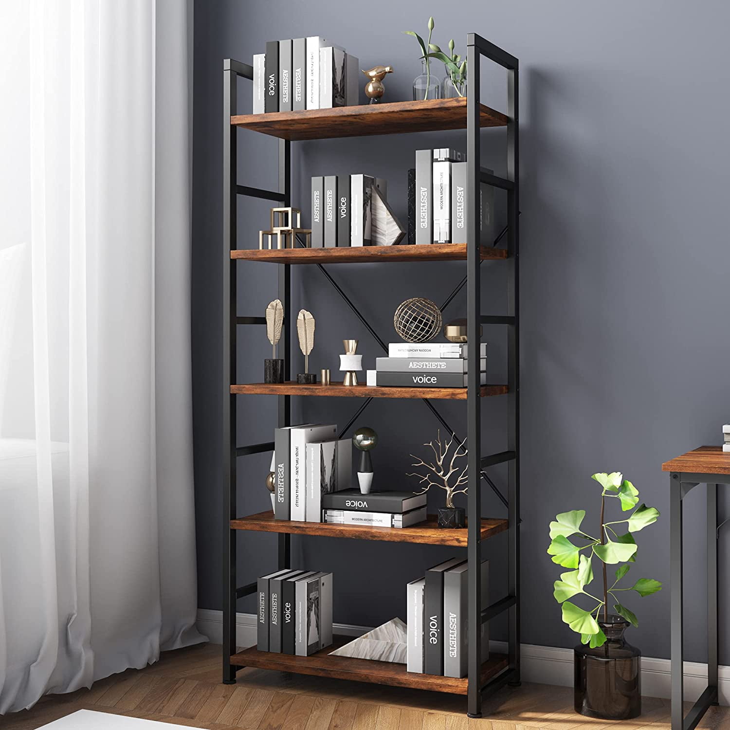 Industrial Bookshelf, 5-Tier 24inch Rustic Brown Shelving Unit Wood Bookcase with Open Shelves, Rustic Standing Bookshelves Metal Frame Display Rack for Living Room,Bedroom, 24*11.8*63 inch