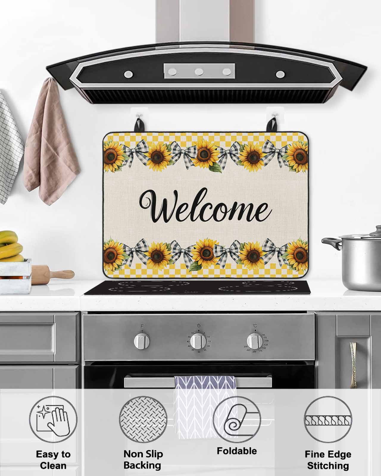 nqOlkjepod Large Induction Cooktop Protector Mat 24"x21", Yellow Sunflower Plaid Stove Top Covers for Electric Stove, Bows Beige Vintage Pastoral Stove Burner Cover Mats, Glass Top Stove Cover