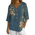 thumbnail image 2 of Ounisa Womens 3/4 Sleeve Blouses V Neck Cotton Linen Print Button Detail Casual Fashion Spring Summer Daily Wear Shirts S-2XL, 2 of 6