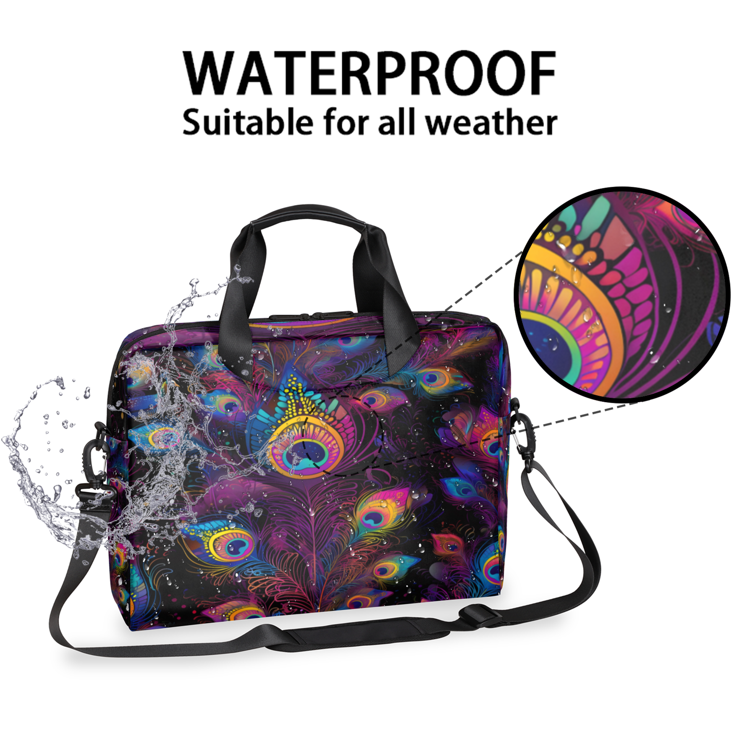 Herdesigns Watercolor Peacock Feather Laptop Bag for Women Men, Computer Case Briefcase Messenger Bags, 15-15.6 inch Laptop Sleeve Shoulder Bag
