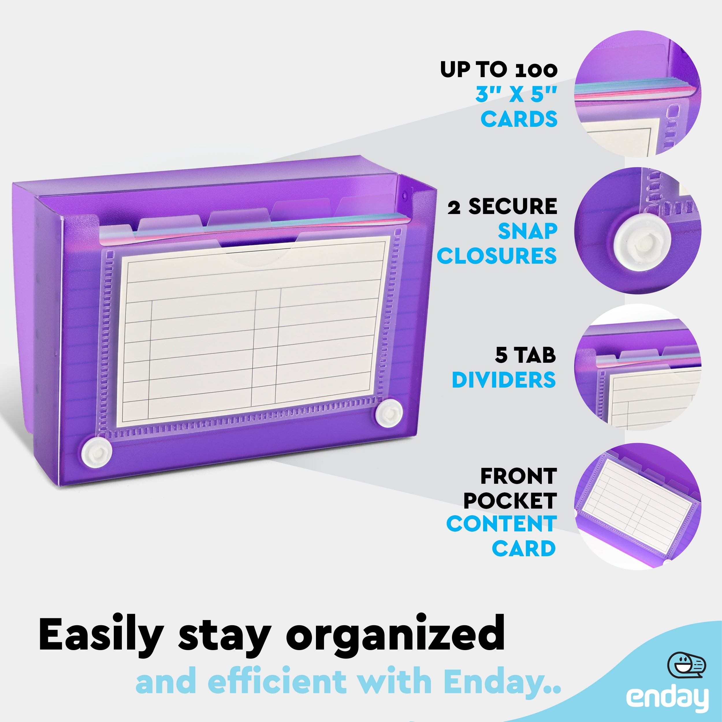 Index Card Holder Purple, 3x5 Note Flash Card Organizer Case, File Box with 5 Dividers, Notecard Box Holds 100 Cards, Also Available in Red, Blue, Green, Pink, Grey, 1 Pack – By Enday