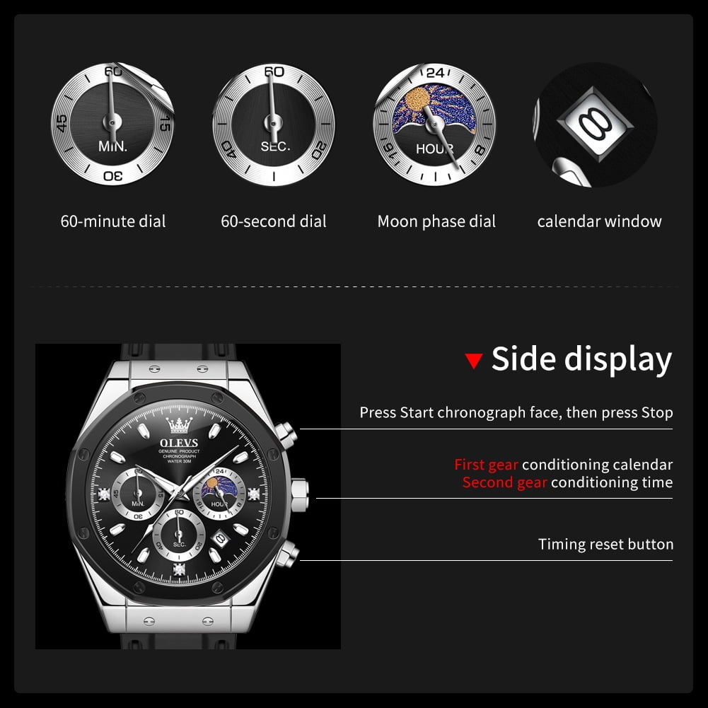 OLEVS Watches for Men Chronograph Waterproof Luxury Dress Quartz Silicon Strap Multifunction Moon Phase Business Calendar Luminous Men Wrist Watches Reloj Para Hombre Gray/Black/White