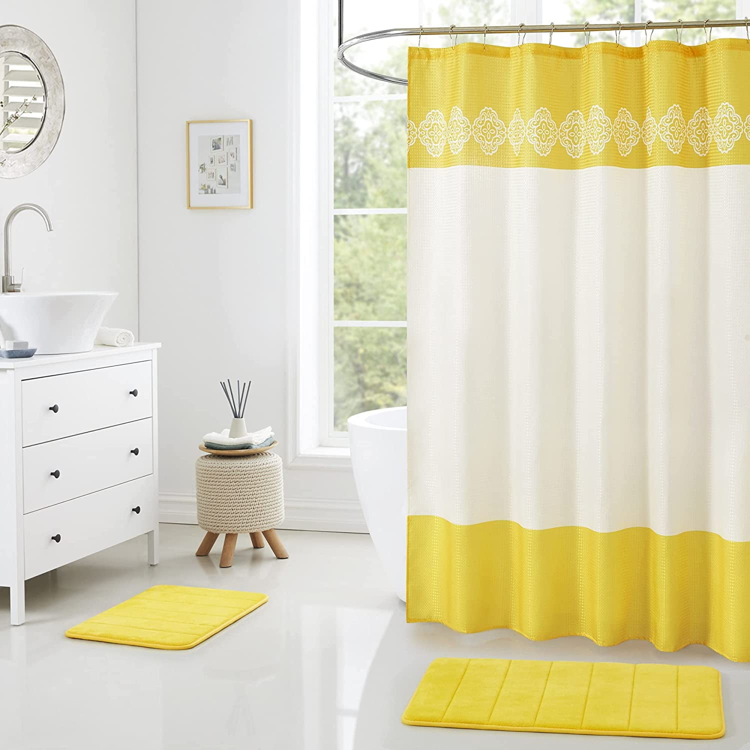 Home Bathroom Mat Rug Set with Matching Shower Curtain & Roller Hooks. 