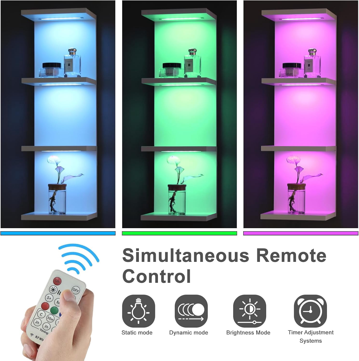 4-Tier Wall Shelf with 10 Rgb Lighting Modes, Multifunctional Wall Mounted Vertical Display Floating Shelf for Bedroom Living Room Vanity, White