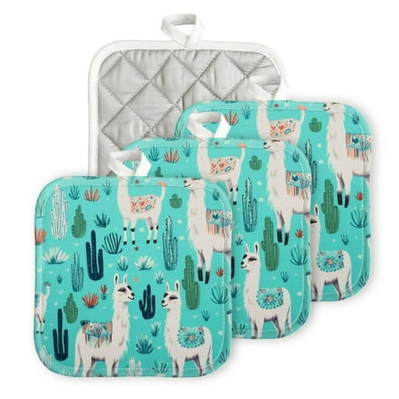 

BaHomeck Pot Holders 4pcs dacron Made Square heat-resisting mat Machine Washable for Kitchen Oven Hot Pads 6.7inch*6.7inch Cute Teal Background With Llama And Cactus Print