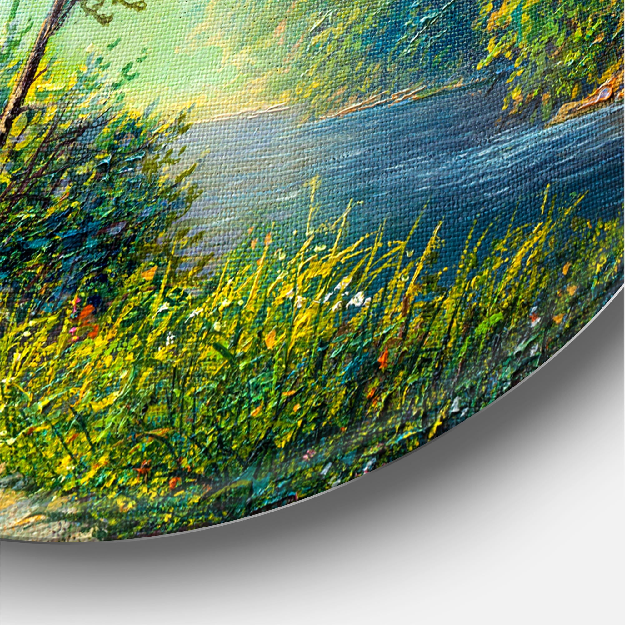 Designart 'Three Vibrant Green Trees By The River' Lake House Circle Metal Wall Art 36x36 - Disc of 36