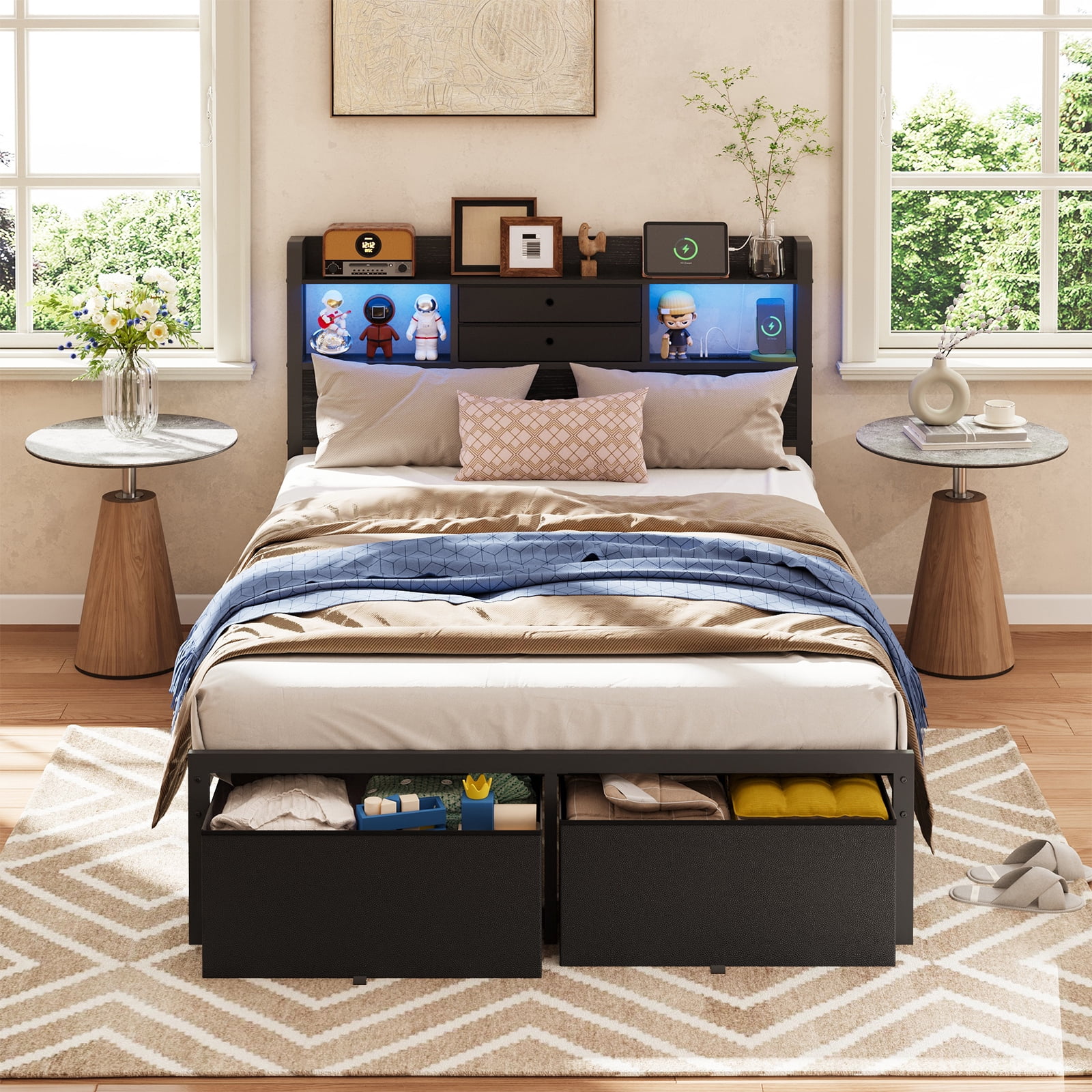 Fairy Full Size Bed Frame with Storage Headboard, LED Lights and Charging Station, Metal Platform Bed with 2 Drawers, No Box Spring Required, Black