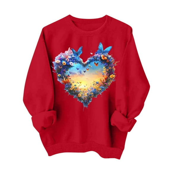 ibuvkizy Love Heart Graphic Sweatshirt for Women,Women's Round Neck Fall Winter Valentines Day Cute Printed Sweatshirts Long Sleeved Top Red,XS