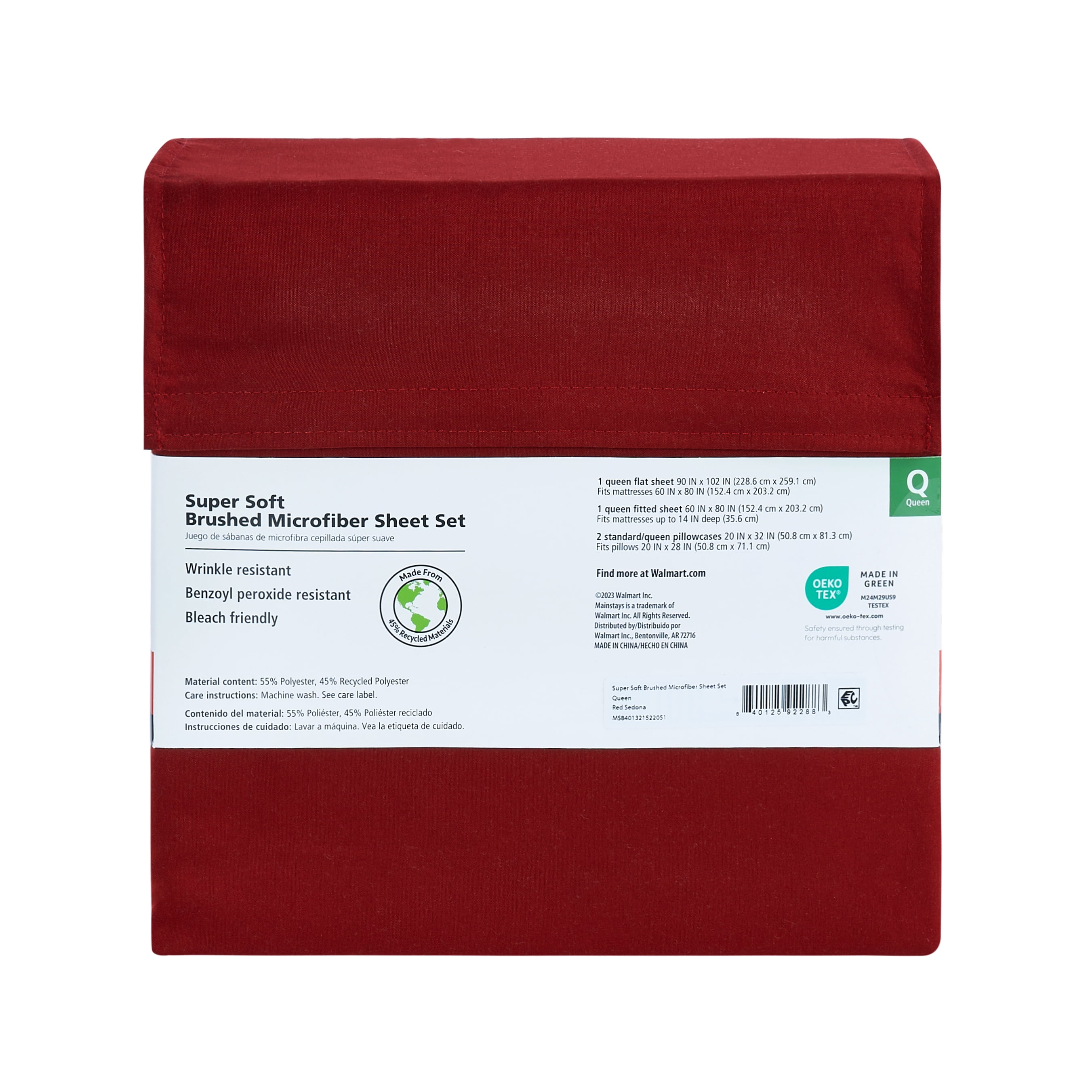 Mainstays Super Soft Brushed Microfiber Bed Sheet Set, Queen, Red Sedona, 4 Piece