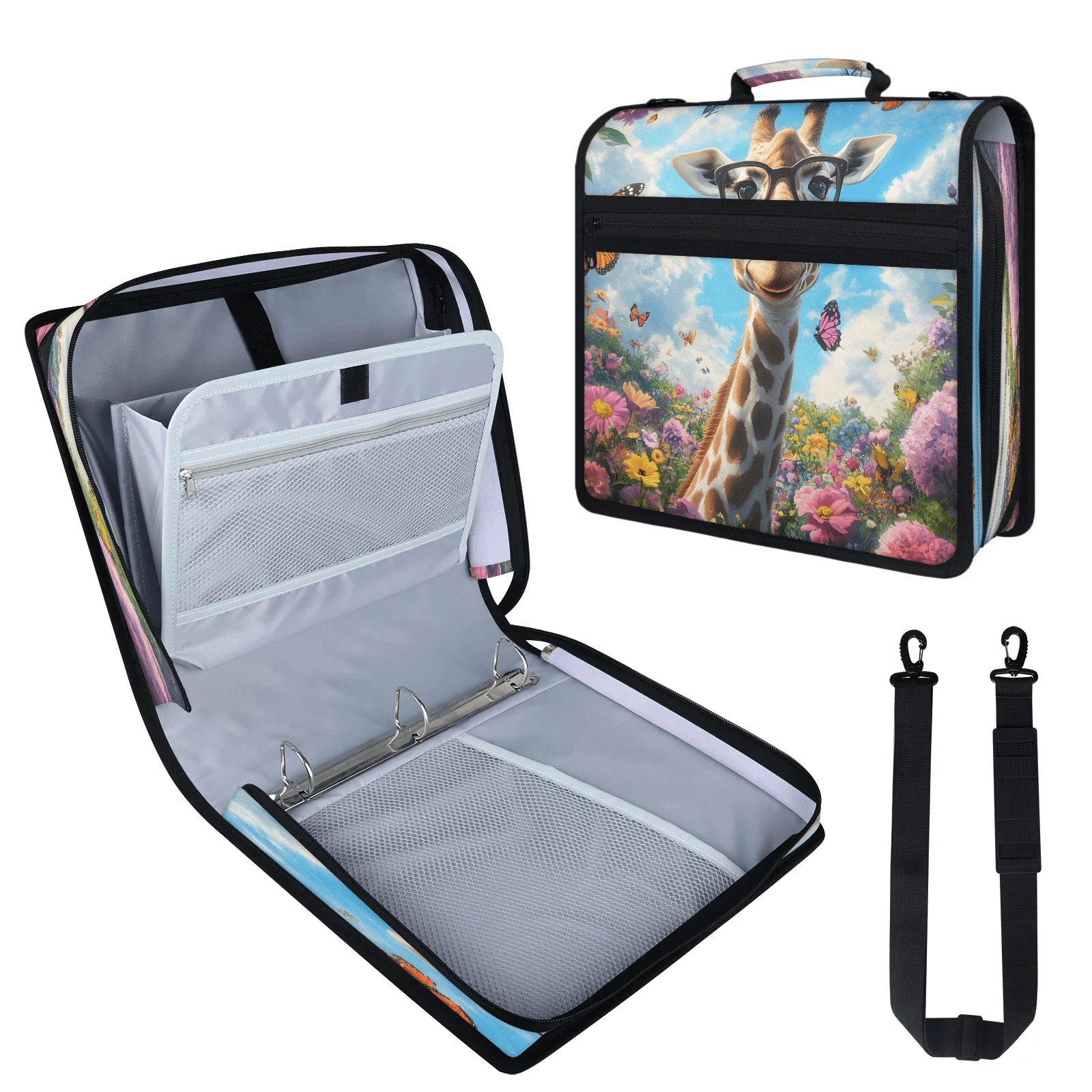Herdesigns Giraffe Zipper Binder with Shoulder Strap, Waterproof 1.5 Inch 3 D-Ring Binder Organizer Bag, Fits 13 Inch Laptop for Work, Cute