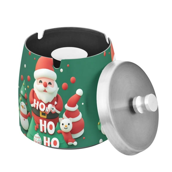 Yayeee Ashtray with Lid for Cigarette Smokeless Stainless Steel Home Ash Holder, Cute Christmas Pattern