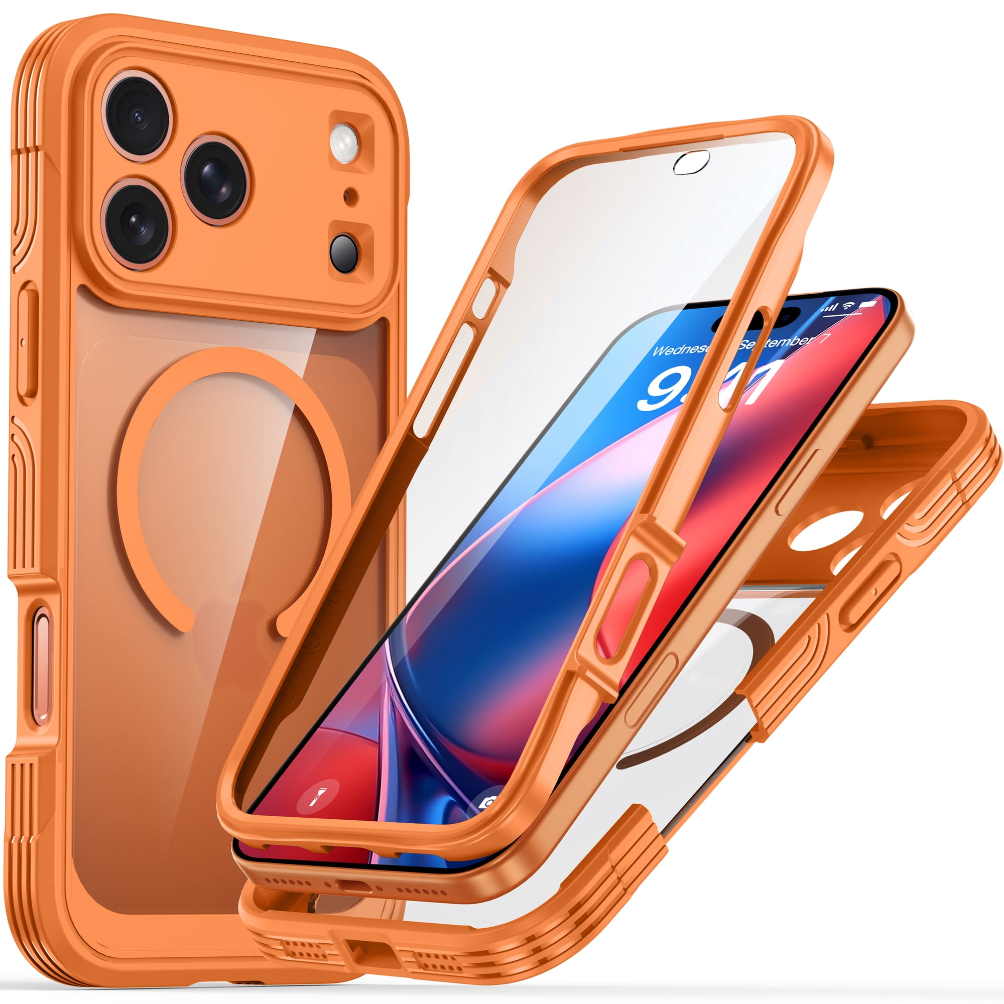 GJL Magnetic Case for iPhone 18 Pro, Heavy Duty Clear Shockproof Phone Cover with Built-in 9H Screen Protector, Water Resistant, Orange