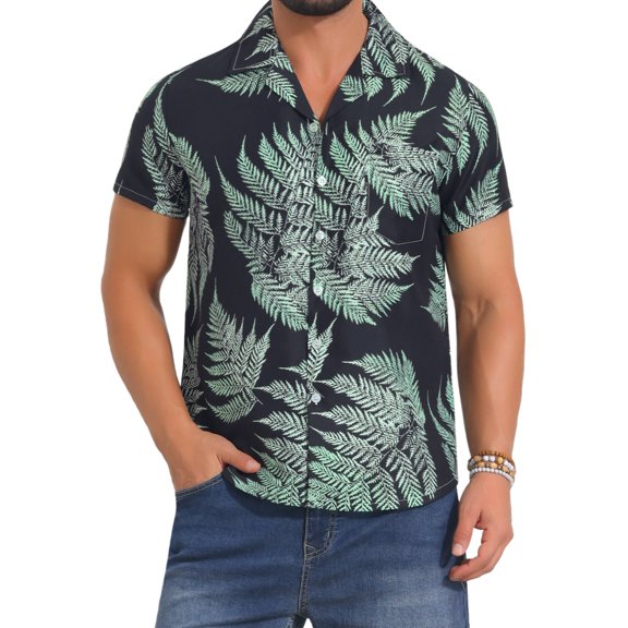 DARING DIVA Men's Short Sleeve Button Down Camp Collar Leaf Print Shirts S Black Green