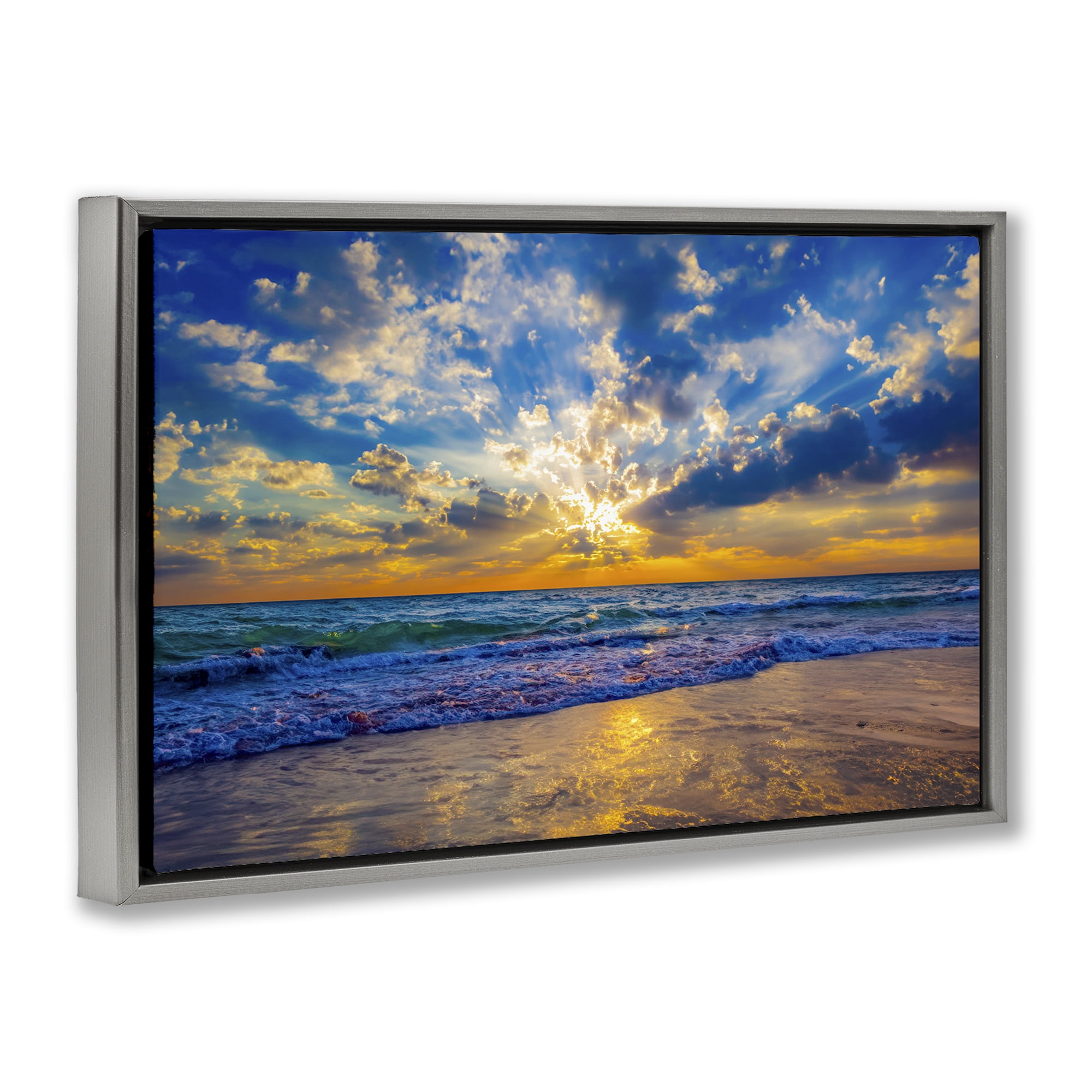 Stupell Industries Golden Blue Sun Ray On Beach Gray Framed Floater Canvas Wall Art, design by Eszra Tanner