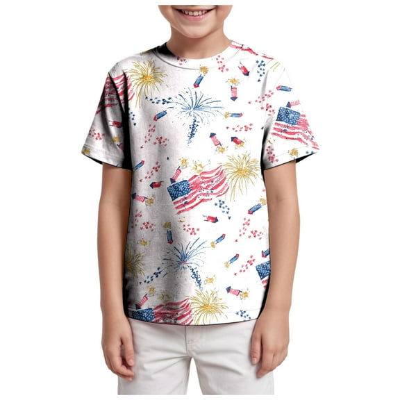 YDFCWXW Kids Boys 4th of July Shirts Toddler American Flag T-Shirt Girls Patriotic Short Sleeve Tees Cotton Top Clothes 3-13T (White, 6-7 Years)