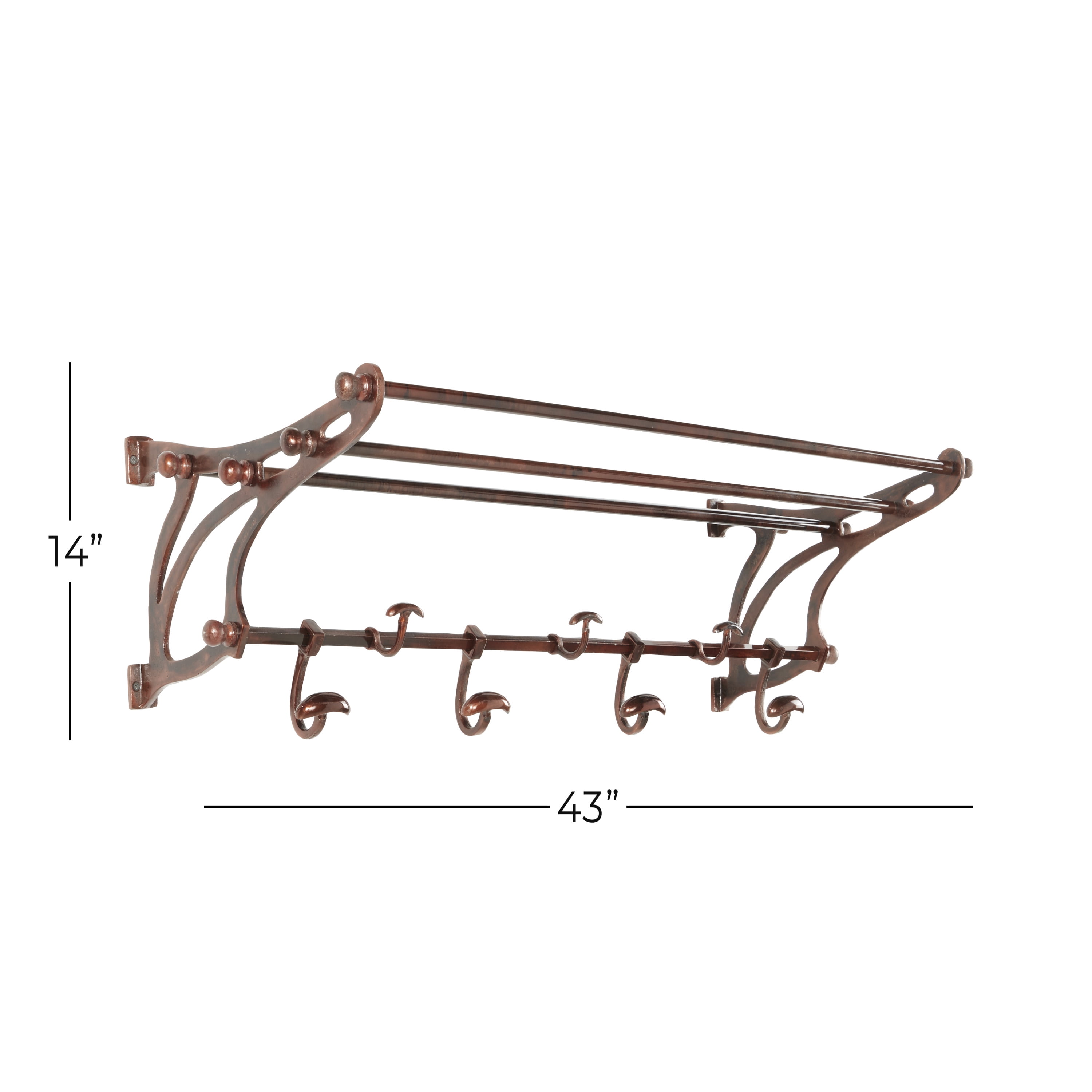 Decmode Vintage-Inspired Copper Wall Shelf with Wall Hooks, 43 in x 14 in