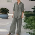 thumbnail image 2 of Diufon Women's Two Piece Sets Long Sleeve Button Down Shirts Solid Color Lounge Pants Cotton Linen Outfits, 2 of 7