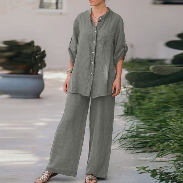 Puntoco Traje De Verano Para Mujer Moda Manga Corta Pantalones De Color Sólido Traje Casual De Dos Piezas Liquidación Puntoco Puntoco-5223