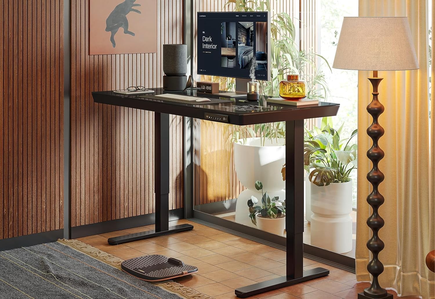 DESINO 55" Electric Standing Desk with Drawers, Whole-Piece Glass Adjustable Height Desk, One-Piece Adjustable Sit Stand Desk with USB Charge Ports, Black