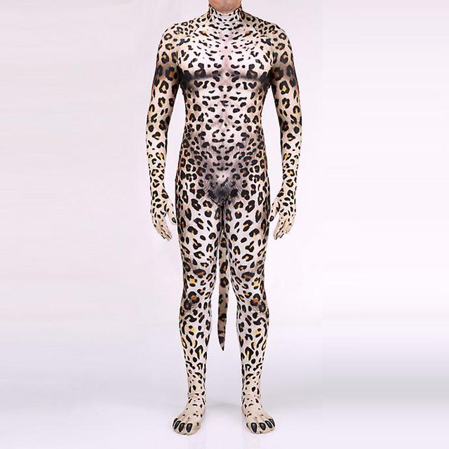 Iootiany Cosplay d'Halloween Anime Huskies Costumes Animal Léopard Imprimé Justaucorps Unisexe Polyester Spandex avec Queue pour Adulte