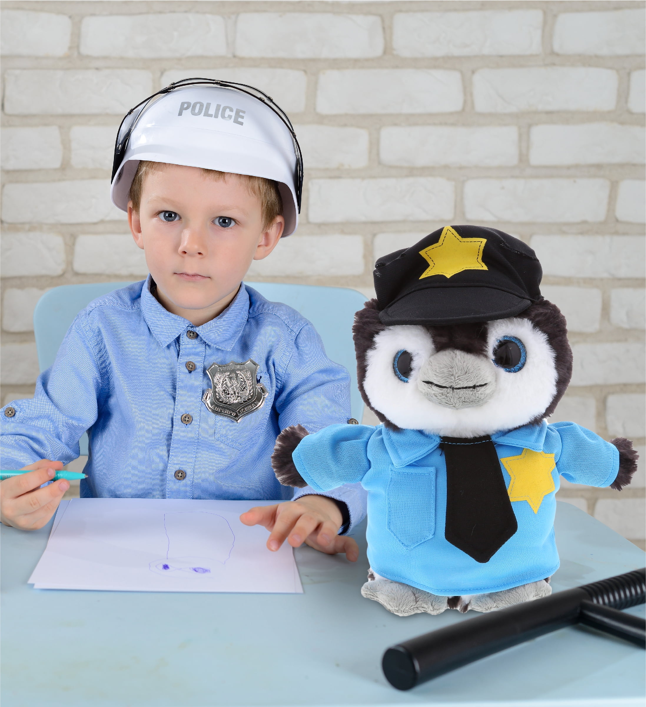 DolliBu Grey Penguin Police Officer Plush Toy with Cute Cop Uniform - 9 inches