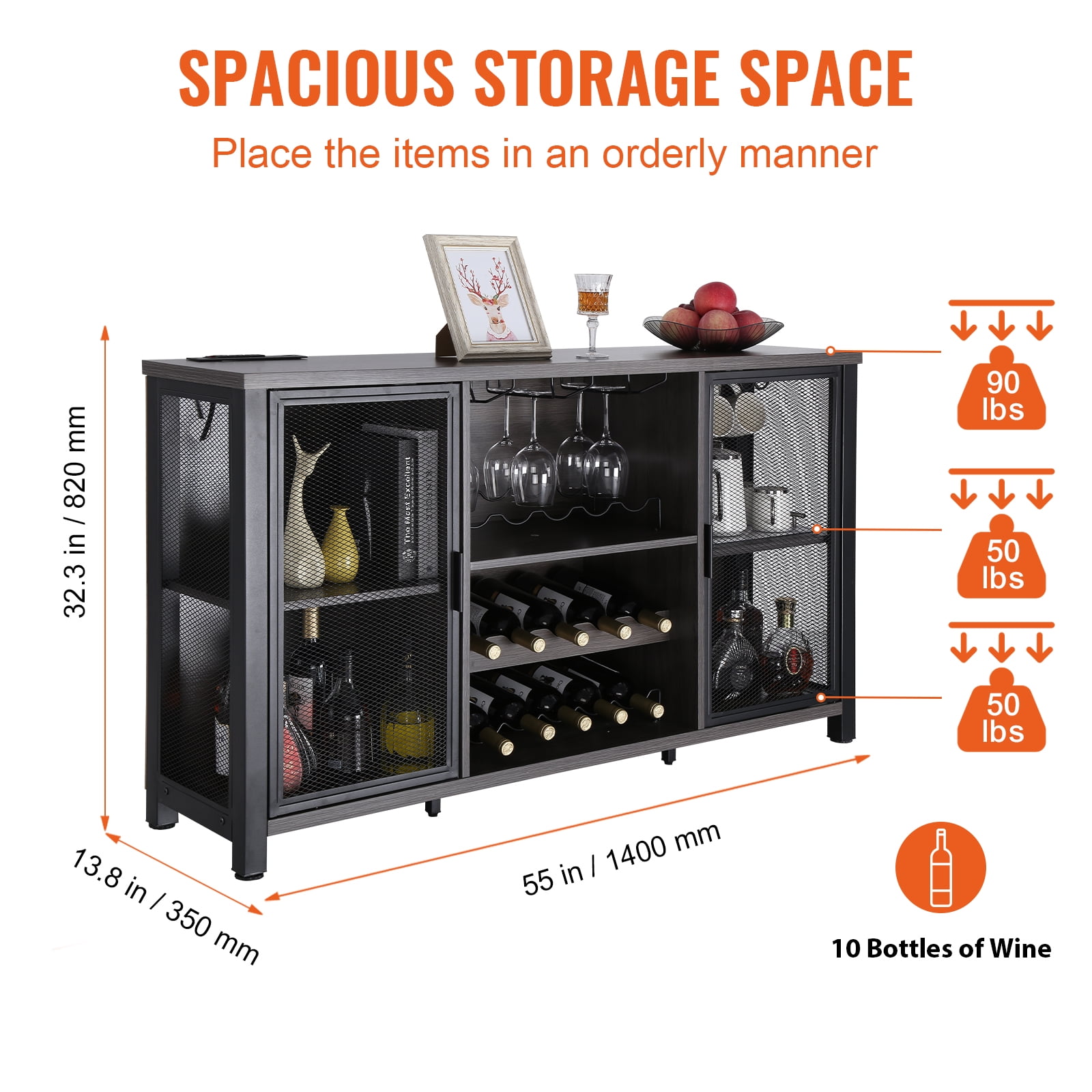 VEVOR 47 Inch Industrial Bar Cabinet, Wine Table for Liquor & Glasses, Sideboard Buffet Cabinet with Wine Rack, Freestanding Farmhouse Wood Coffee Bar Cabinet for Living Room, Home Bar, Kitchen