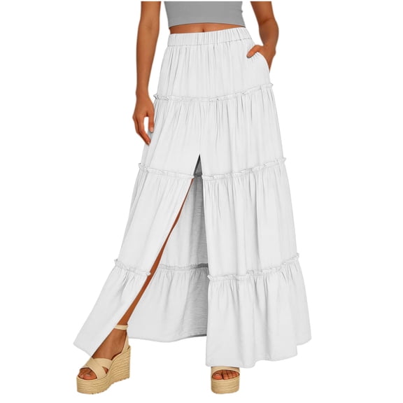 Women's Ruffle Tiered Maxi Skirts with Pockets Split Trendy Casual Beach Boho A-line Flowy Long Skirts (XL, White)