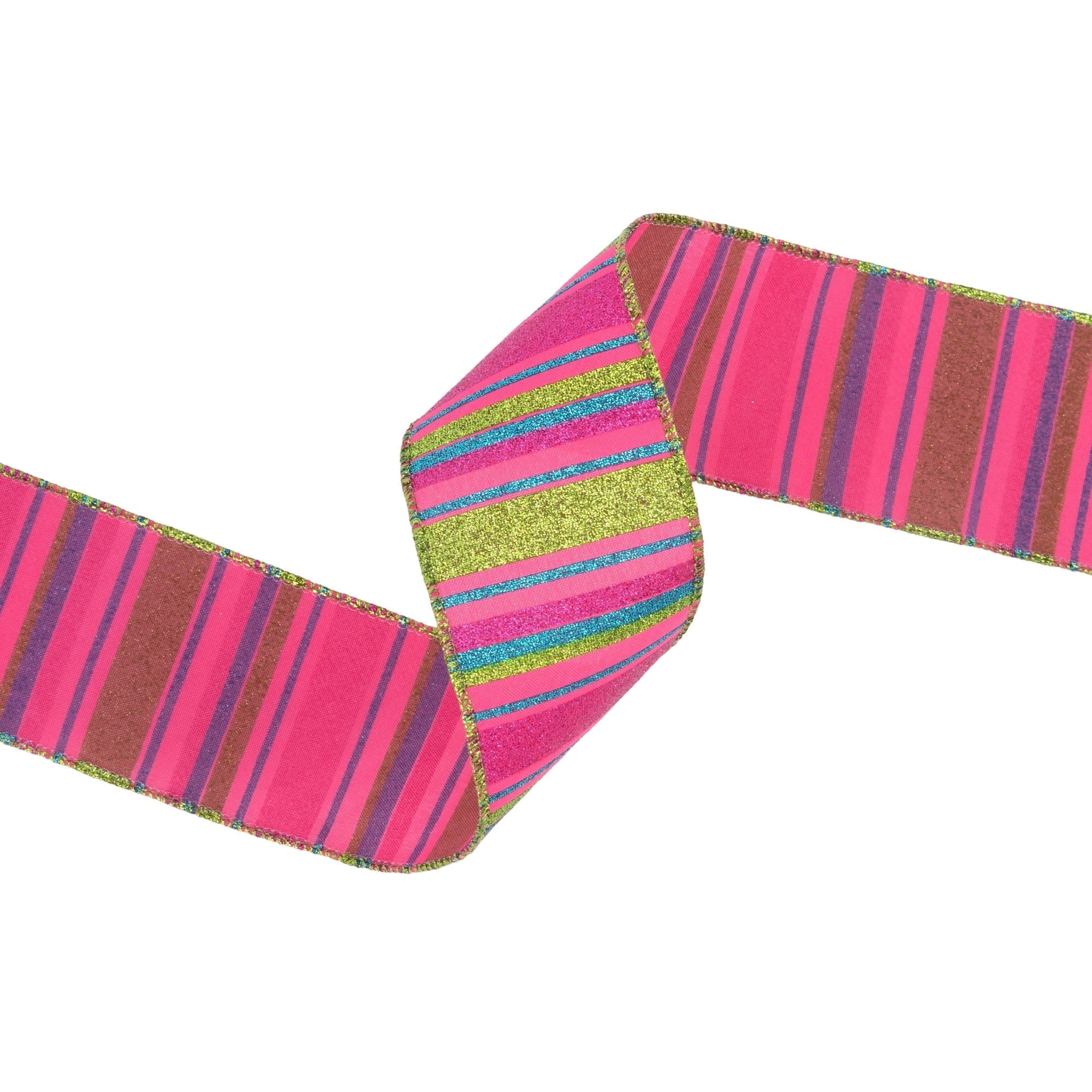 LaRibbons 2 1/2" Wired Ribbon, Multi Colored Stripes on Hot Pink, 10 Yard Roll
